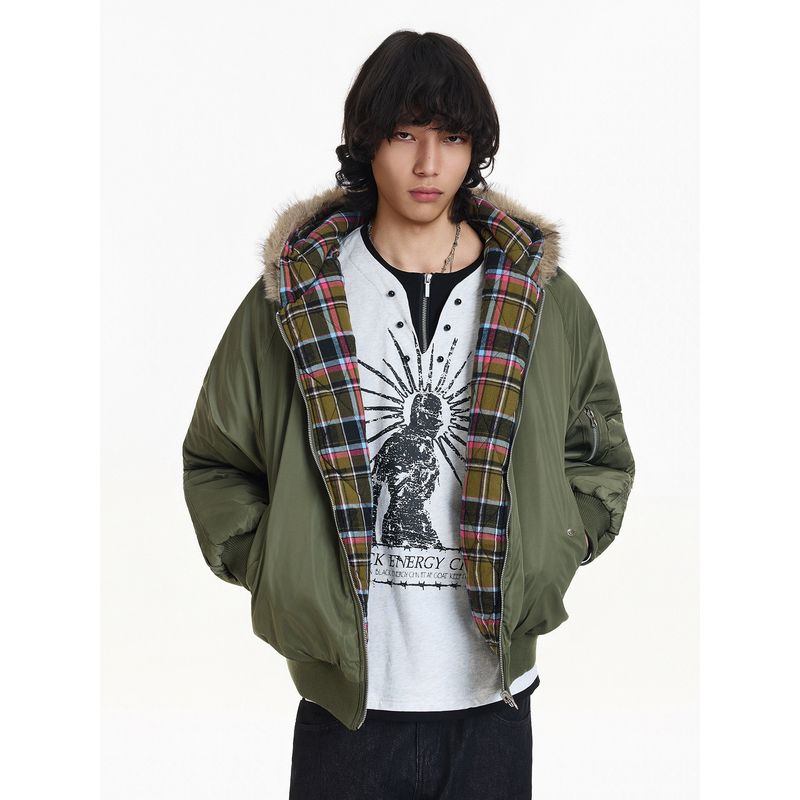 Blaexit Plaid Patchwork Shearling Collar Cotton Bomber Flight Jacket for Men, Thickened for Winter