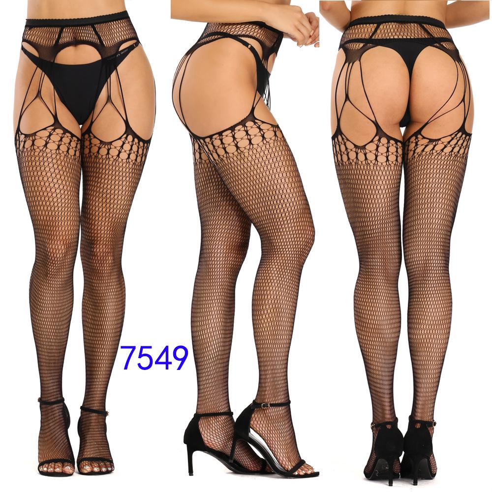 Women's Sexy Crotchless Fishnet Suspender Stockings with Eye Jacquard Design - Style 7501