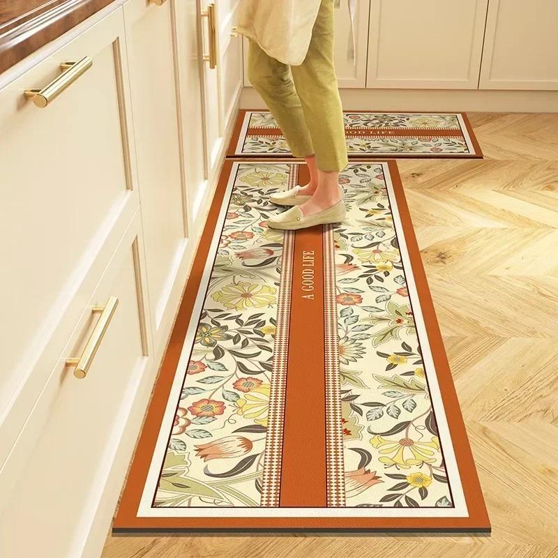 Kitchen Carpet PVC Leather Waterproof Floor Mat Non-slip Oil Proof Foot Mats Long Rug Green Flower Home Decoration Rugs 