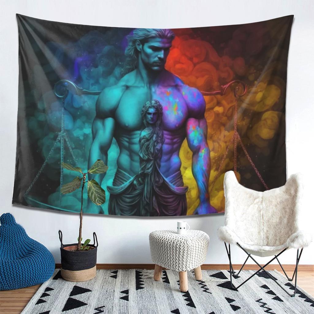 Vibrant Mythical Justice Tapestry  Celebrate Greek Gods with Colorful Art and Symbolic Scales  Perfect for Bedroom Decor