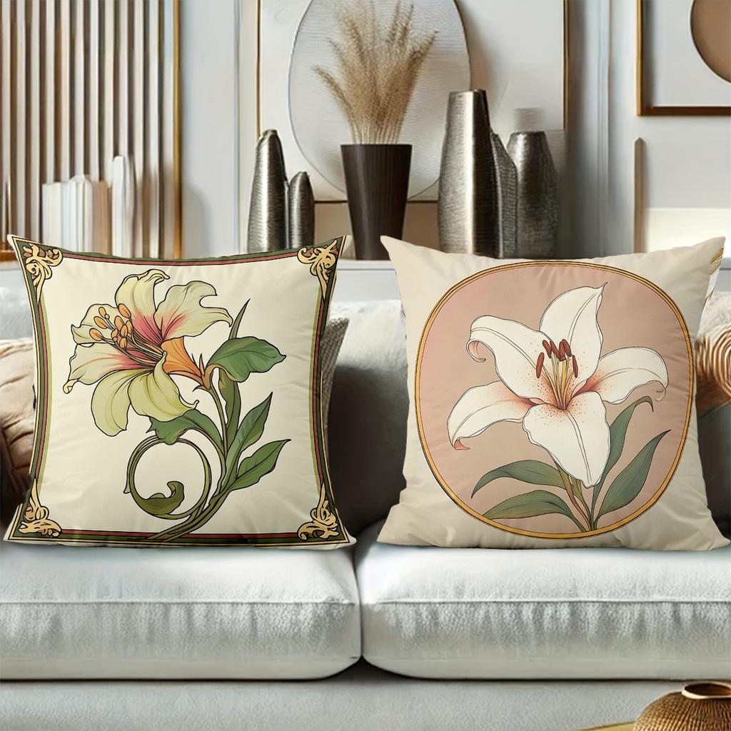 Floral Patterned Throw Pillows Art Nouveau Style Polyester Pillowcase, Sofa Decorative Cushion Cov Headboard Pillow