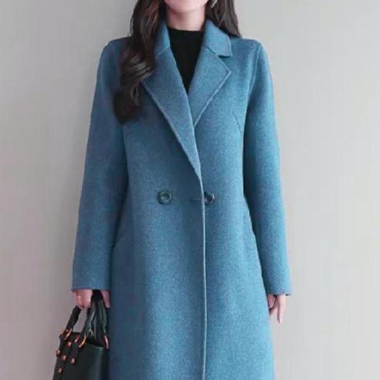 Women Autumn Winter Solid Color Woolen Coat Lapel Long Sleeve Two Buttons Pockets Mid-length Woolen Cardigan Outwear