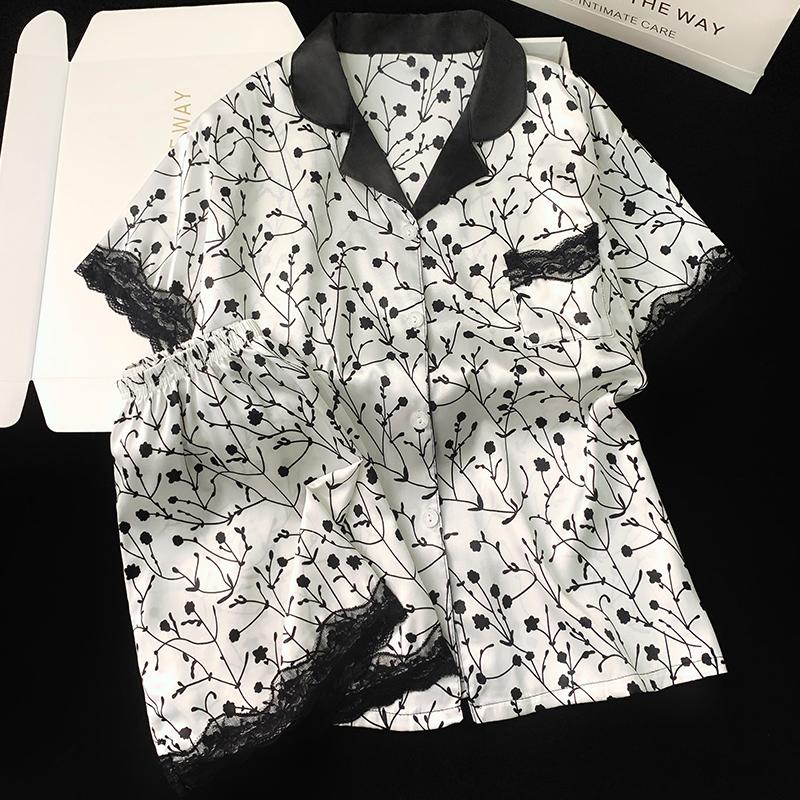 

Женская пижама с цветочным принтом в китайском стиле, элегантная и благородная французская кружевная домашняя одежда, летние женские пижамы XXL чёрный