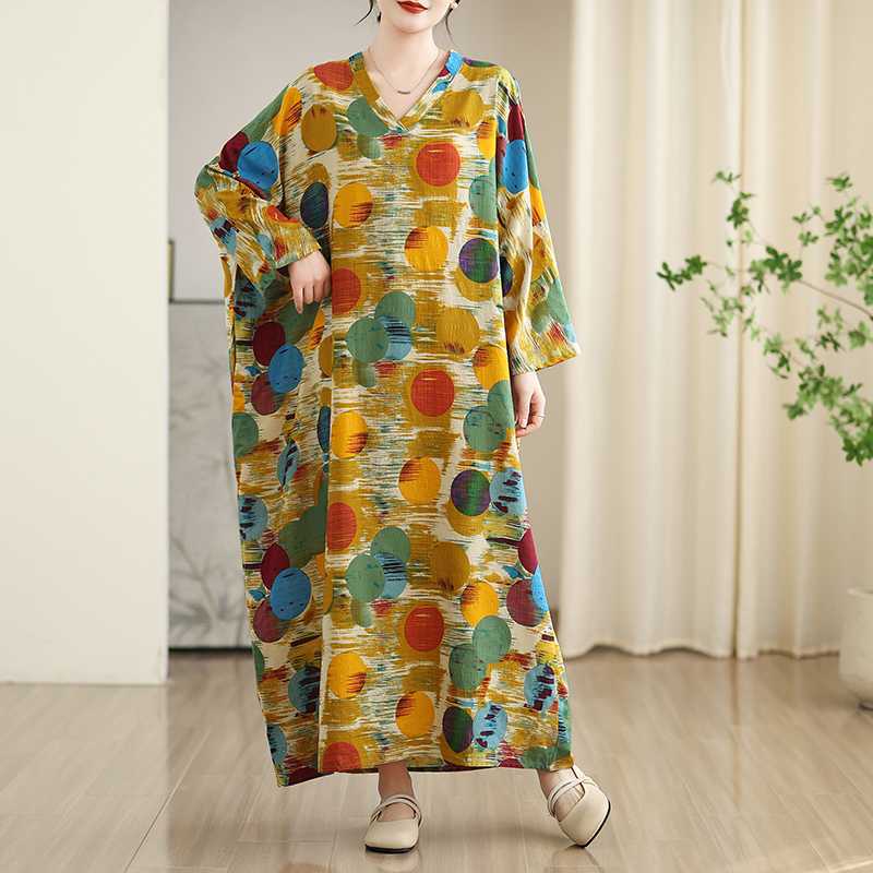New Color Travel V-neck Retro Long Skirt Cotton Linen Dress