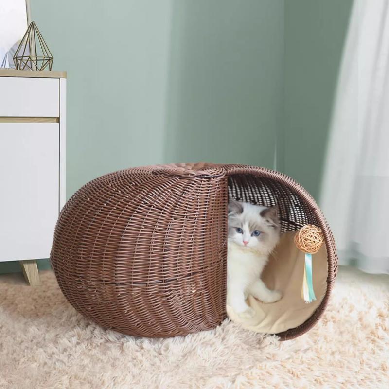 4-Season Semi-Enclosed Cat House Breathable Rattan Pet Bed Detachable Washable Cat Villa Summer Coolness Kitty Cottage