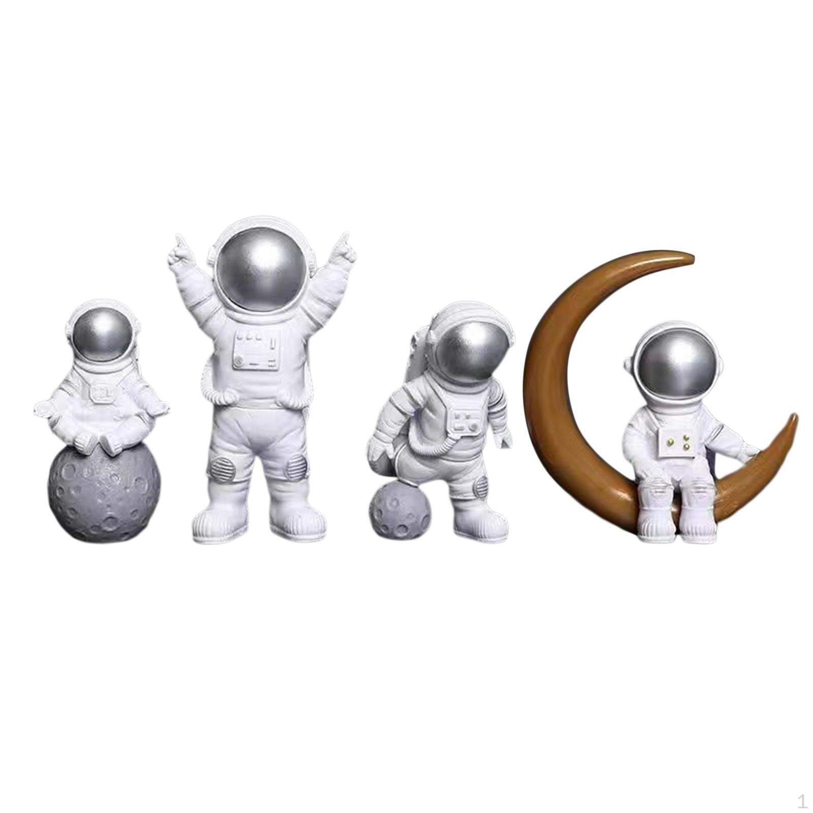 

4 Astronaut Statue Model Resin Ornament Cabinet Shelf Bookcase Fireplace Spaceman Figurine Sculpture White Silver