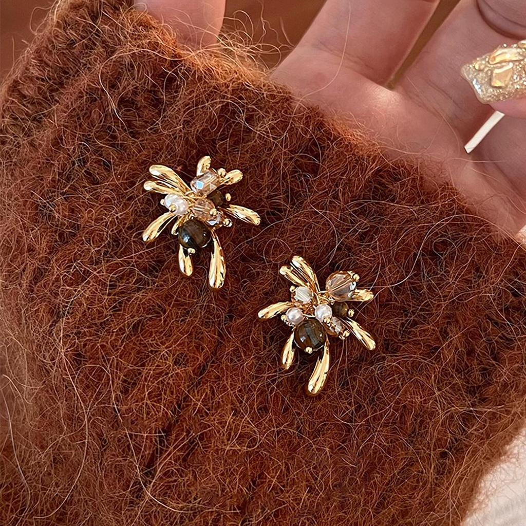 Silver Needle Tiger's Eye Pearl Earrings - Retro Y2K Style High-End Studs for Women
