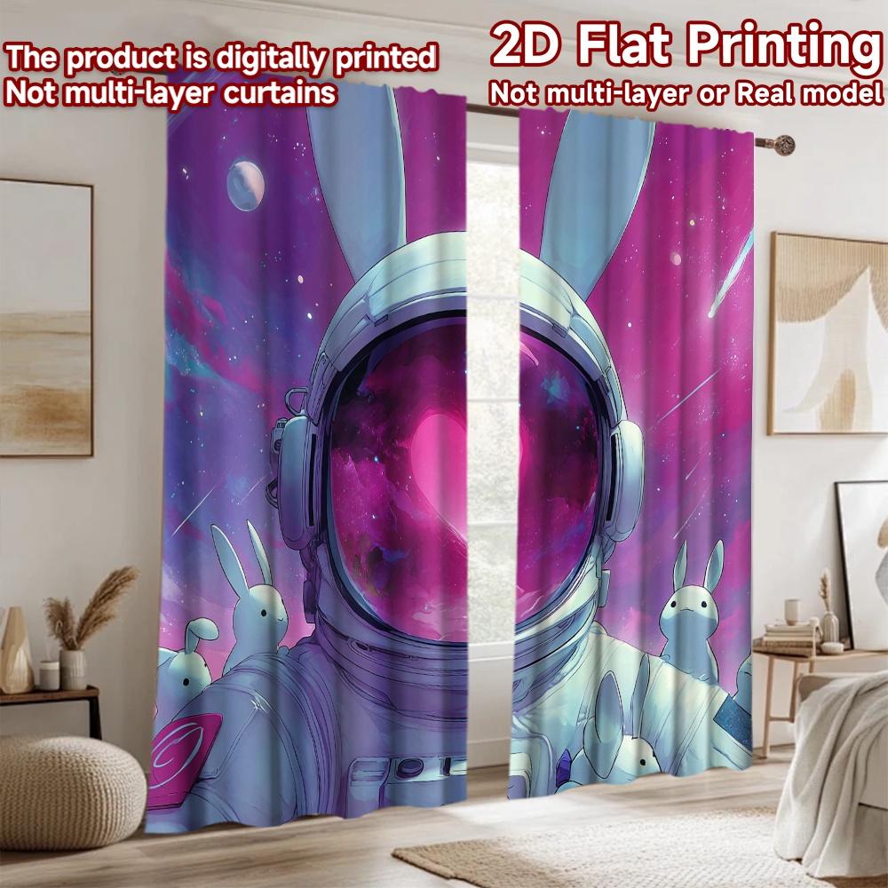 2D Flat Printing 2pcs Curtain Cute Bunny Astronaut Space Heart Digital Printed Polyester Drapes Seasonal Party & Holiday Decor