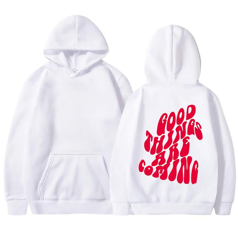 GOOD THINGS ARE COMING Women's Velvet Hoodie Solid Color Letter Printed Kangaroo Pocket Drawstring Printed Hoodie