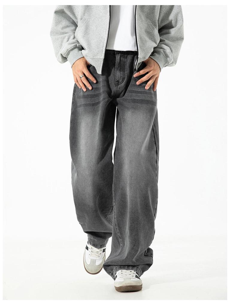 Men's Retro Silhouette Washed Jeans - Autumn High Street Style, Loose Straight Leg Trousers