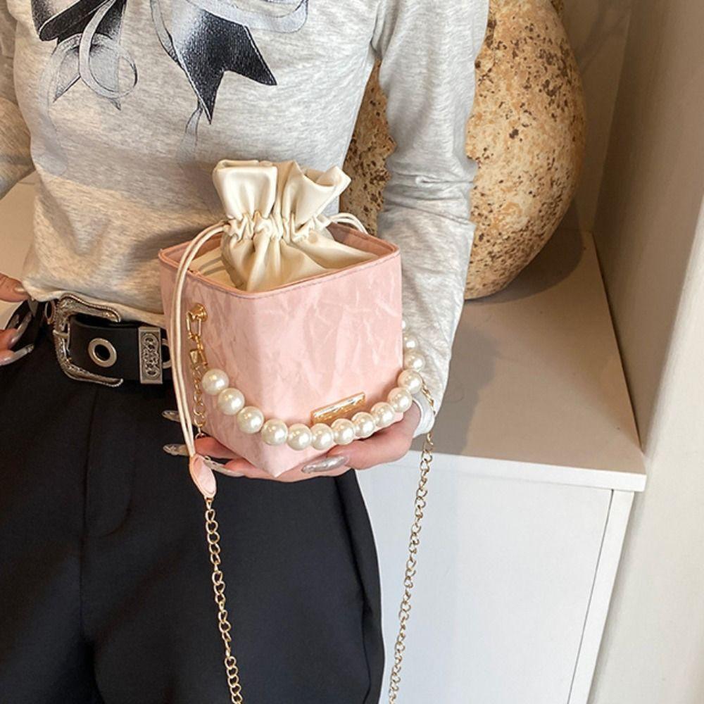Square Drawstring Crossbody Bag Pearl Luxury Shoulder Bag Trendy Women Bucket Bag  Outdoor
