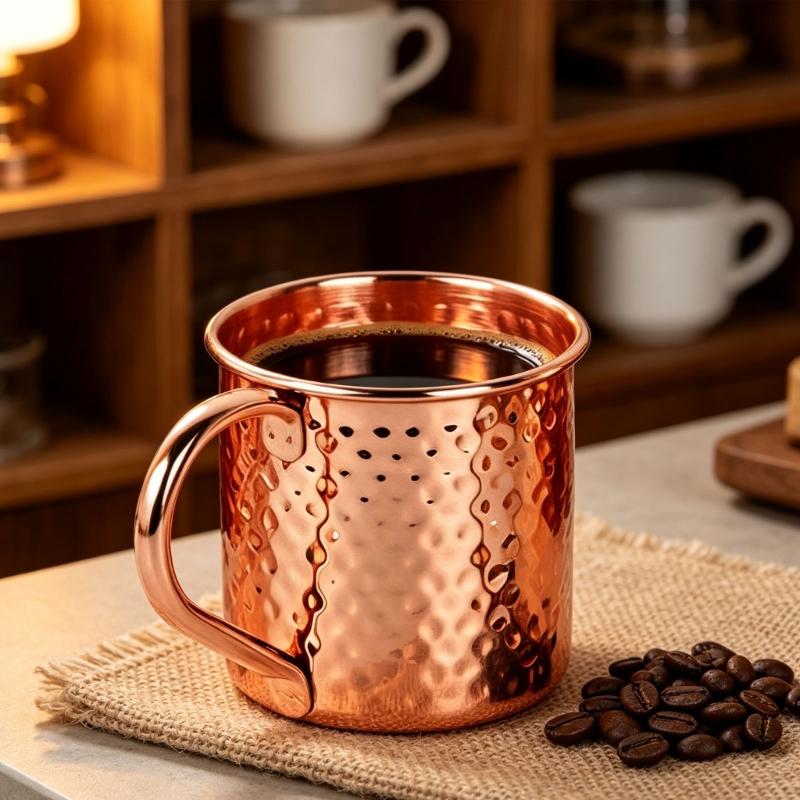 Copper Cocktails Mug with Textured Metallic Finish, Hammered Moscow Mules Cup for Home Dining, Kitchen Bar, Parties, Camping, and Picnics