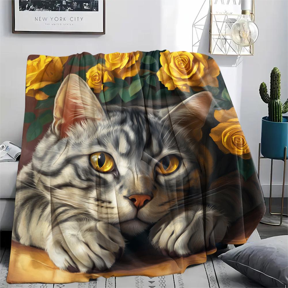 American Shorthair and Roses,pattern Flannel Blanket, High quality Comfortable for All Seasons, Home Decor, Warmth and Comfort, Perfect for Gifts.