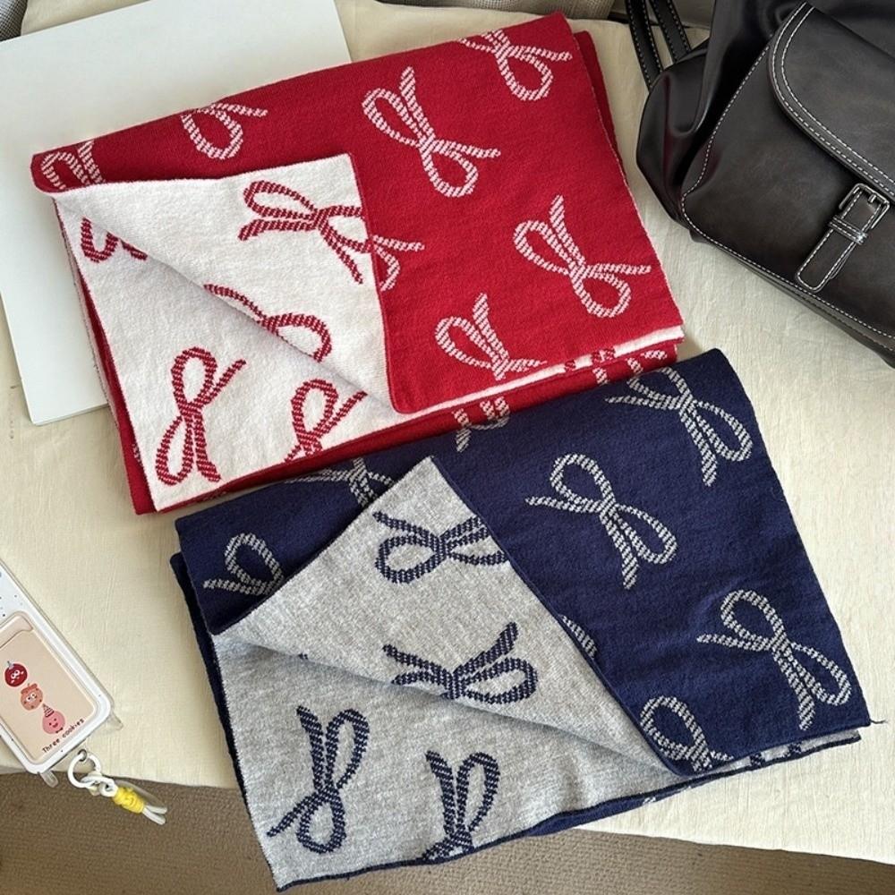 Two-sided Imitation Wool Scarf Lightweight Winter Shawl Trendy Bow Scarf  Gift