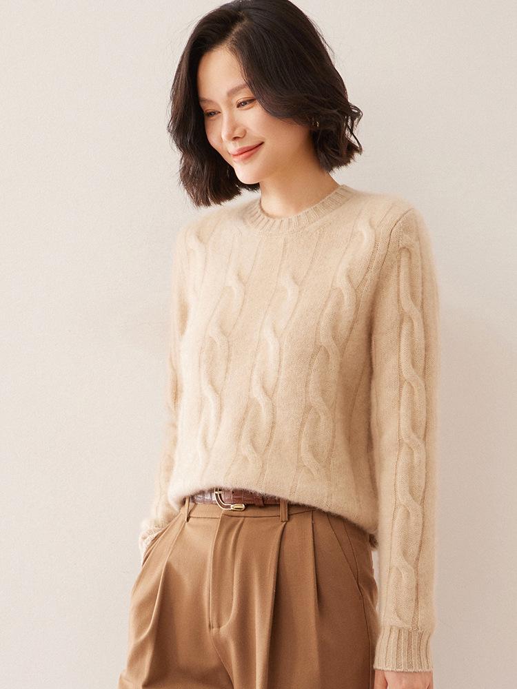 Women's Cozy Cable Knit Cashmere Sweater: Soft, Loose, Round Neck Pullover for Autumn/Winter
