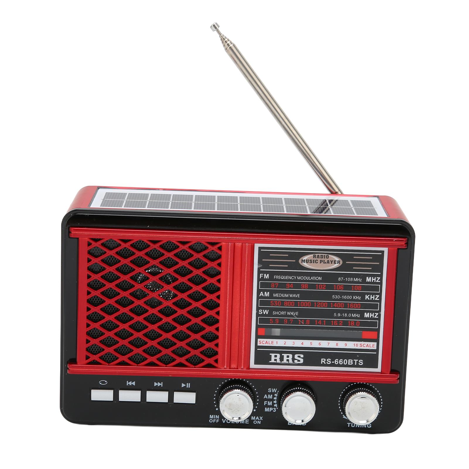 

RS‑660BTS Аварийная радиостанция Портативная многодиапазонная радиостанция на солнечных батареях с функцией фонарика AUX Stereo красный