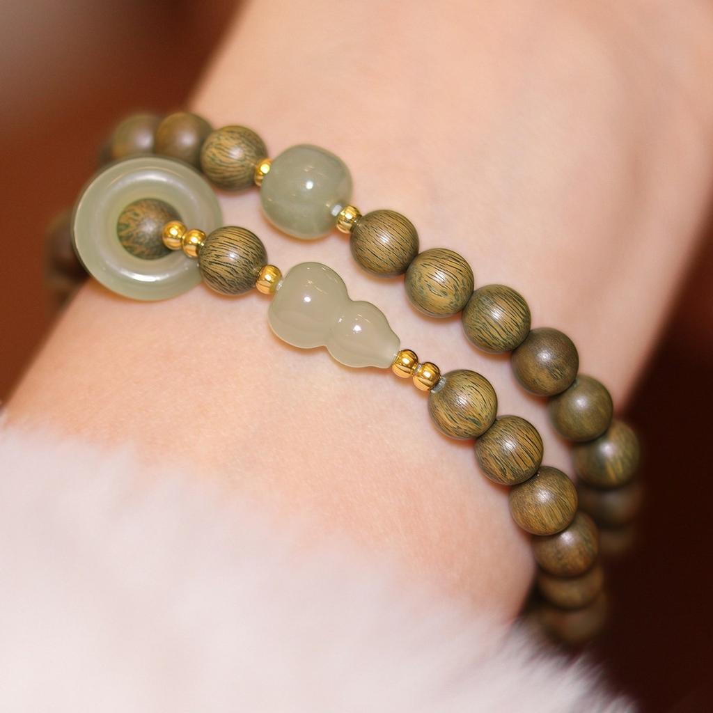 Green Sandalwood Bracelet for Women, Genuine Hetian Jade Gourd, Natural and Exquisitely Beautiful Niche Beaded Bracelet
