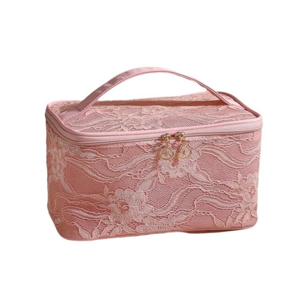 

Elegant Solid Color Lace Makeup Bag Large Capacity Floral Cosmetic Storage Bag with Handle Breathable Toilet Bag Beach
