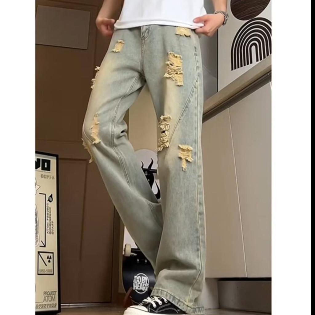 Autumn American high street vibe jeans men's trend ripped design pants retro straight micro-pull pants