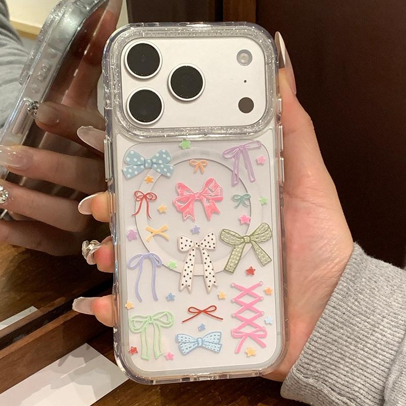 

Bling Glitter Lens Frame Bowknot Print Magnetic Case For iPhone 17 16 16Pro 17Pro 17Pro Max For Magsafe Wireless Charger Cover For iPhone 17Pro Max