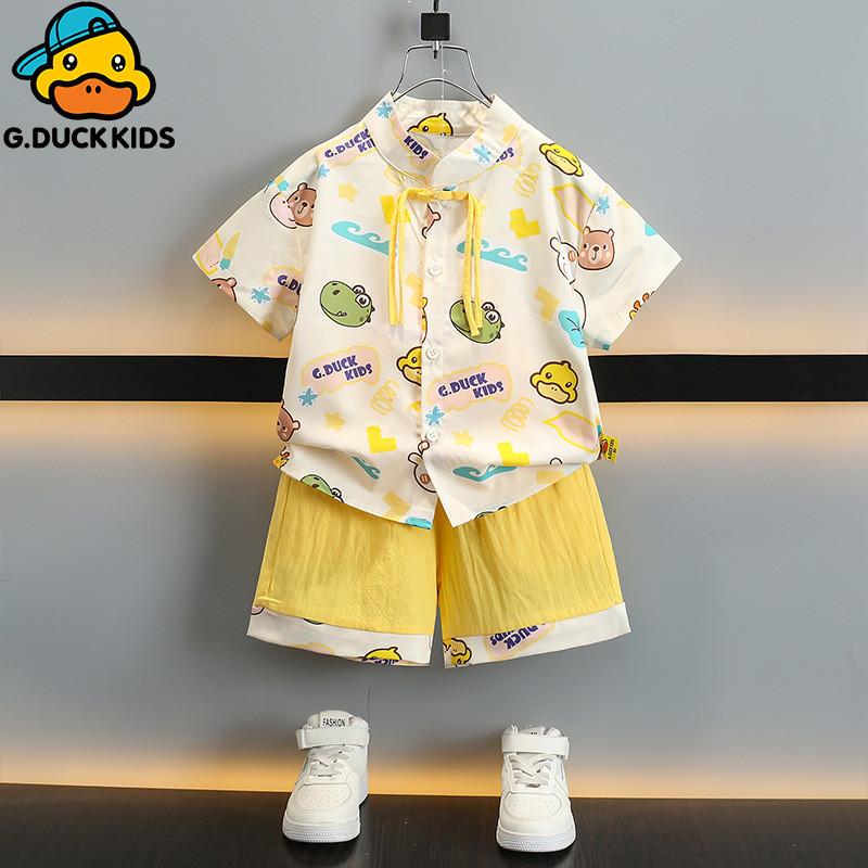 Adorable Cartoon Yellow Duck Boys Summer Outfit Set Stylish Cotton Two Piece