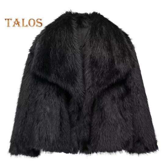 

Зимняя женская куртка из искусственного меха лисы с отложным воротником, уютная куртка, однотонная, для холодной погоды, знаменитая верхняя одежда для отдыха на природе S чёрный