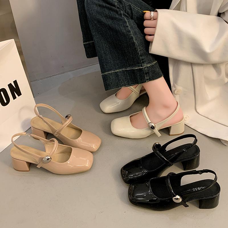 Spring 2025 New Sandals Temperament Rear Empty Square Head Mary Jane Single Shoes Women's Shoes Thick Heel High Heels