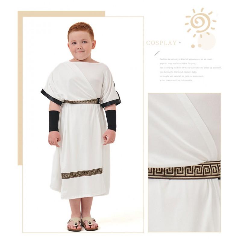 Greek Roman Mythology Warrior Costume Kids Boys Toga Dress Cosplay Outfit Short Sleeve White Performance