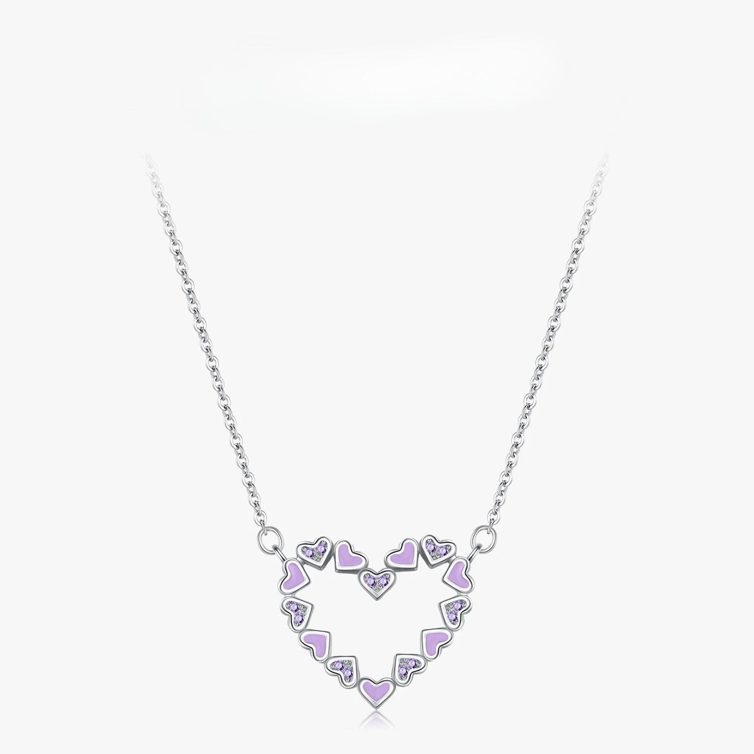 

Sterling Silver Romantic Heart Enamel Pendant Necklace Cute Purple Link Chain Neck For Women Wedding Engagement Jewelry фиолетовый