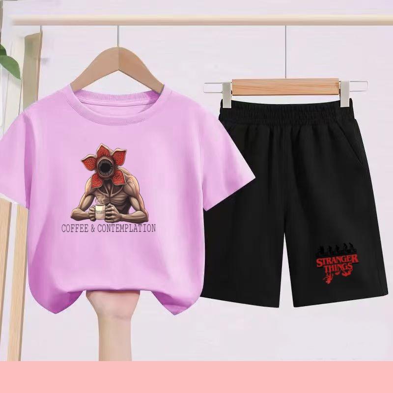 Children's Summer Set with Cartoon Monster Patterns - Boys' and Girls' Sports T-shirts and Casual Short-sleeved Shorts Sets