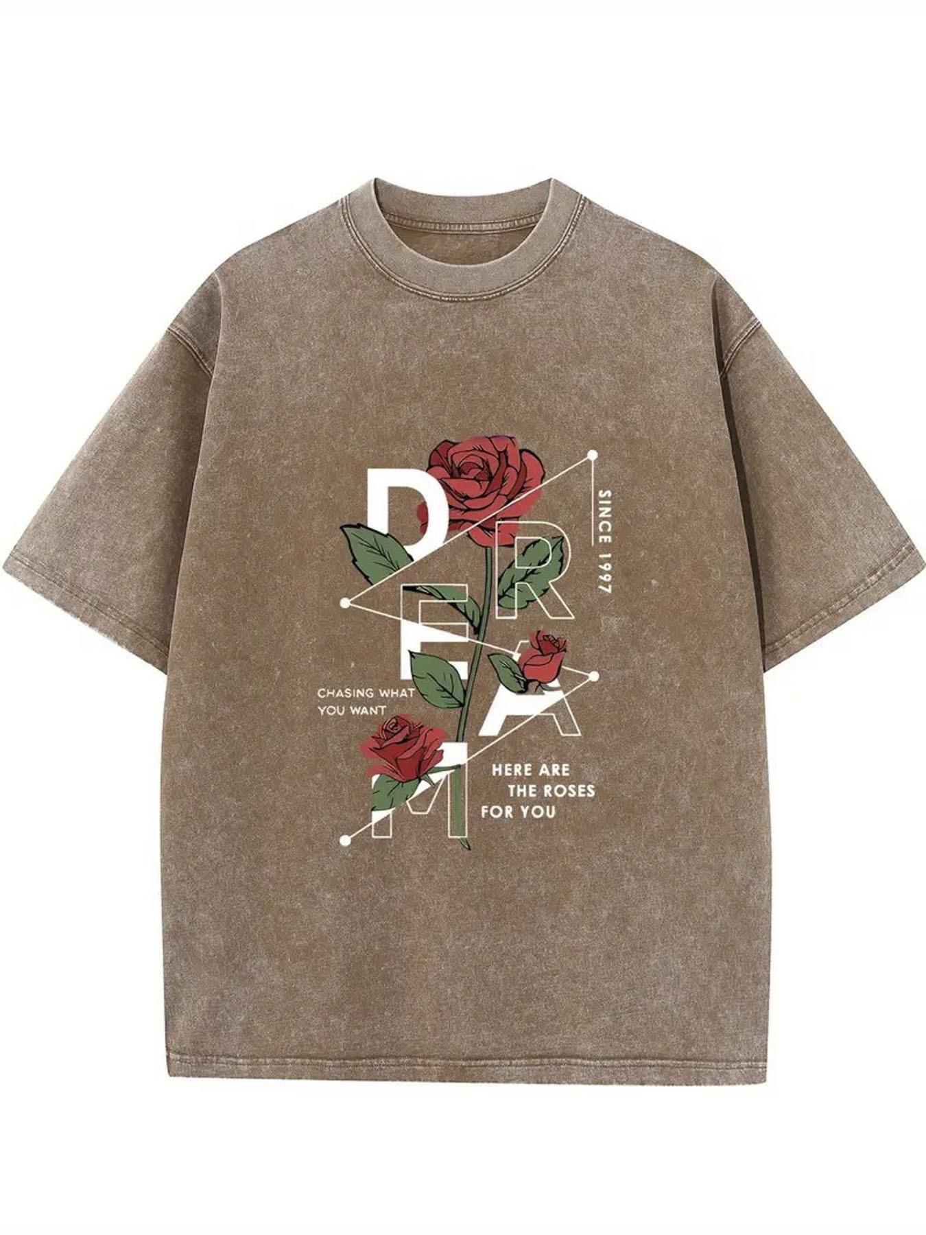 

Washed, Retro Rose Printed T-Shirt, High-Quality Printed Cotton Retro Fashion T-Shirt, Suitable for Summer T-Shirt with Certain Thickness,Holiday Gift 5XL дубильна кора