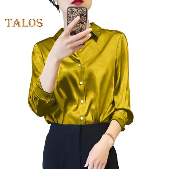 Women Shirt Lapel Long Sleeve Glossy Fabric Formal Shirt Top Buttons Closure Solid Color Smooth Business Date Shirt