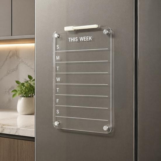 Reusable Acrylic Writing Board 12''x8'' Magnetic Planning Board, Clear Weekly Meal Planner, Refrigerator Calendar Dry Erase Noteboard with Marker for