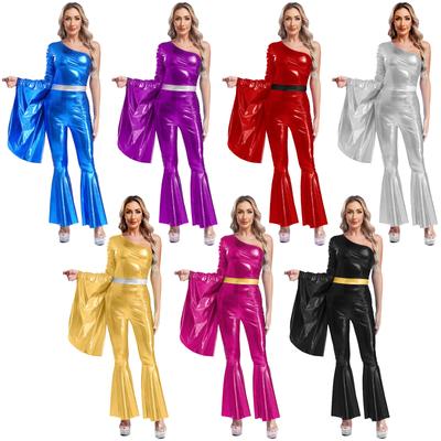 Kvinner 60 70-tallet Disco-kostyme Hippie-antrekk Halloween-karnevalsfest Hiphop-dansedrakter Skinnende metallisk bodysuit Jumpsuit