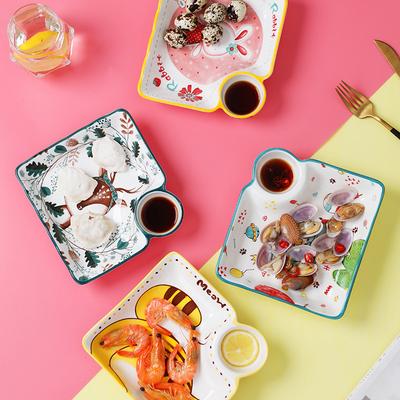 Cartoon Ceramic Dumpling Plate Sushi Plate Vinegar Dish Dumpling Plate Compartmented Dinner Plate Tableware Bowls and Dishes