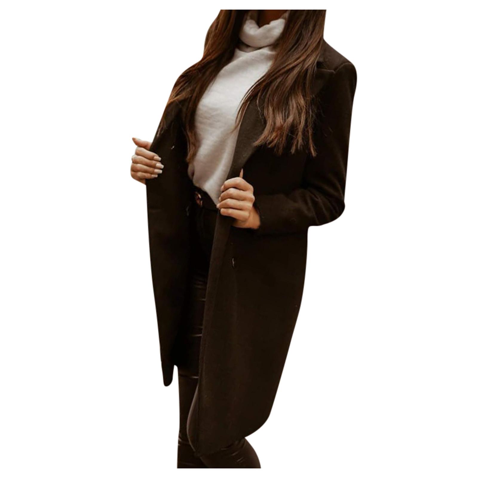 

(SU)Женская модная однотонная шерстяная куртка с лацканами средней длины и пуговицами