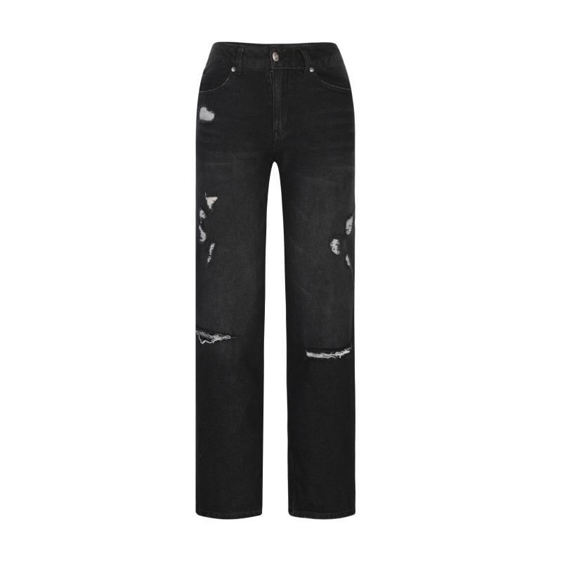 Damen Loch Jeans Vintage Ripped Denim Straight Pants 2025 Streetwear Bodenlang Mittlere Taille Gewaschen Distressed Damen Hose