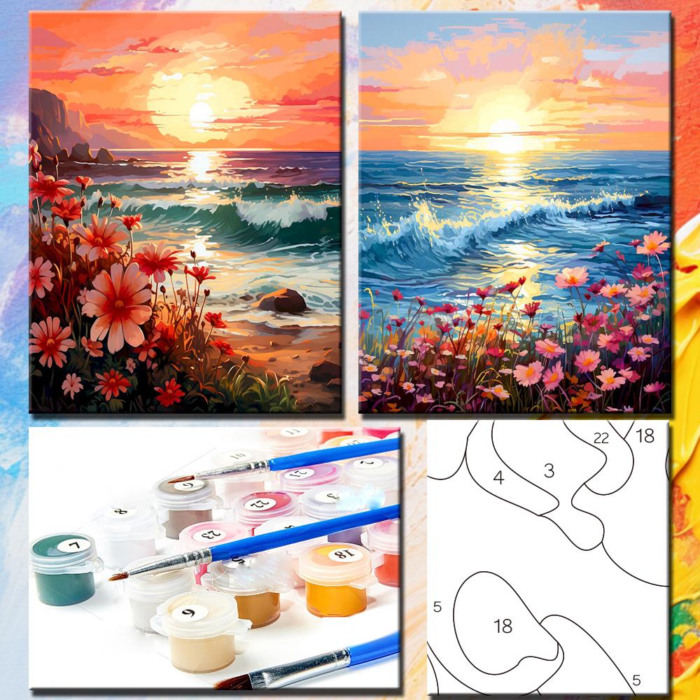 CHENISTORY Coloring By Number Sunset Scenery For Adults DIY Picture By Numbers Seascape Flower Drawing On Canvas Home Decor Gift