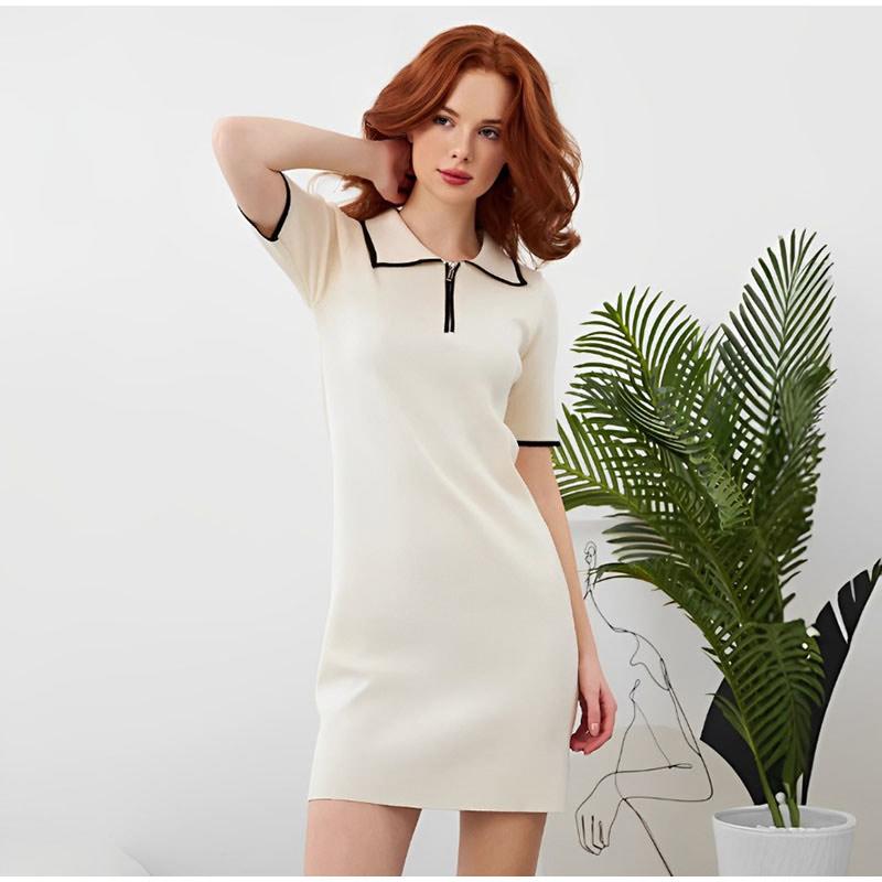 Elegant Women s Short Dress Turn-Down Collar Short Sleeve Zipper Casual Lady Dresses 2026 Spring Summer Fashion Female Dress S бежевый