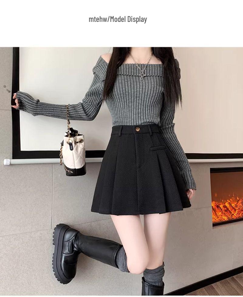 2025 Autumn/Winter Grey Wool Blend High-Waisted Slimming Pleated Skirt