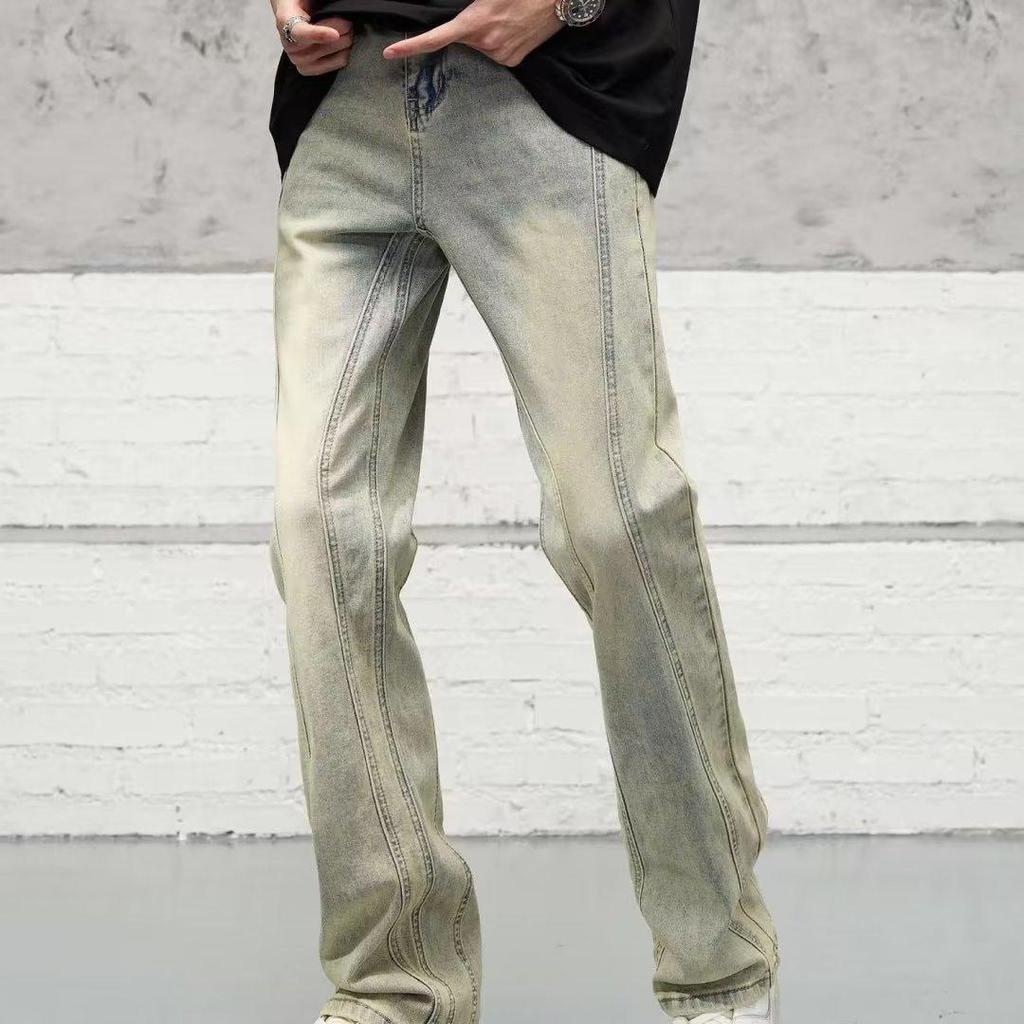 Unisex American Retro Flared Yellow Mud-Dyed Jeans