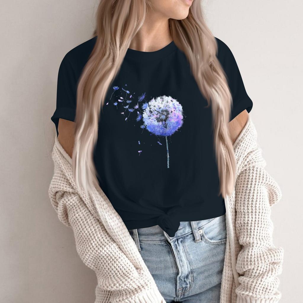 Women's Fashion Casual Printed Round Neck Short Sleeved Pullover T-Shirt Top