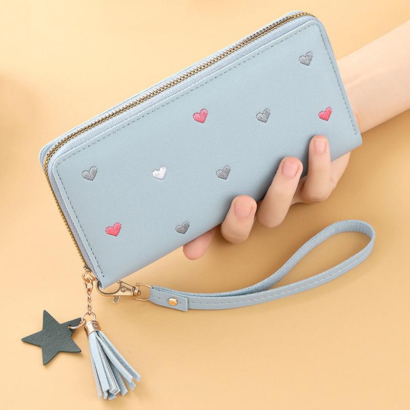 New Long Women Wallet With Heart-Shaped Korean Style Tassel Embroidery Card Holder For Women