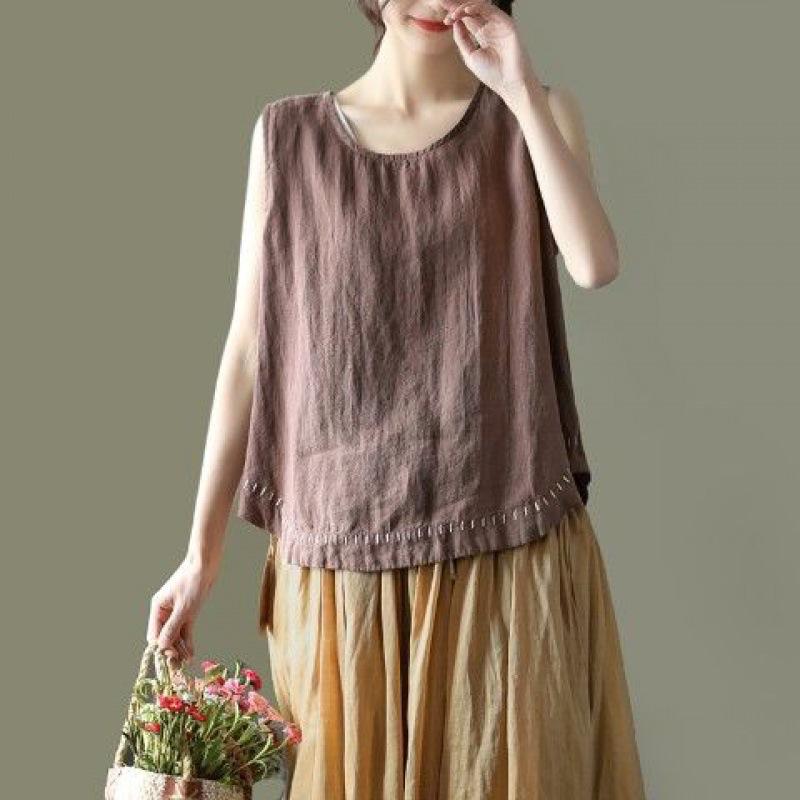 Top da Donna in Cotone e Lino a Colore Unito Stile Letterario con Bordi Ricamati Canotta Estiva Casual Harajuku Senza Maniche