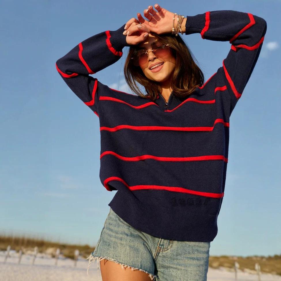 Women's Striped Half Zip Long Sleeve Pullover Sweatshirt Casual Loose Fit Top