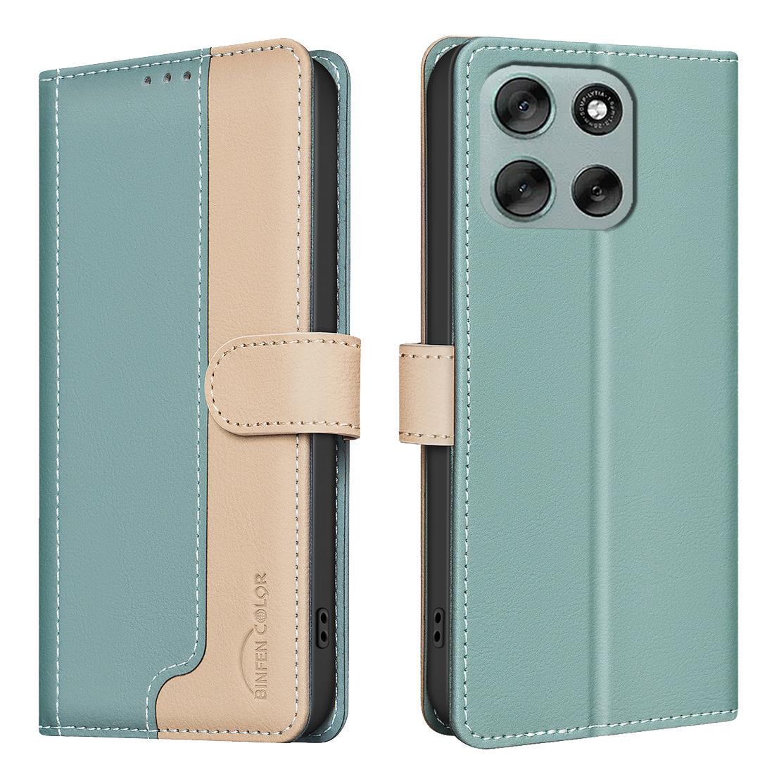 

For Motorola Moto G56 5G Leather Case BINFEN COLOR Splicing Color RFID Blocking Wallet Stand Phone Cover Green