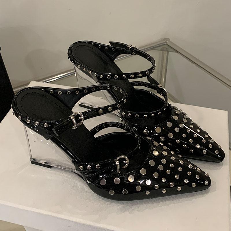 

Fashion Fashion Rivet Crystal Heels Women Wedges Pumps Shoes Footwear Pointed Toe Female Super High Heels Slides Ladies Wedges Shoes 35 чёрный