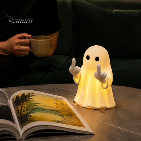 Gift for Halloween Lovers Ghost Lamp, Cute Middle Finger Ghost/Reading Book Night Light, Funny Wall Decor Bedroom Spooky Figurine Tabletop,