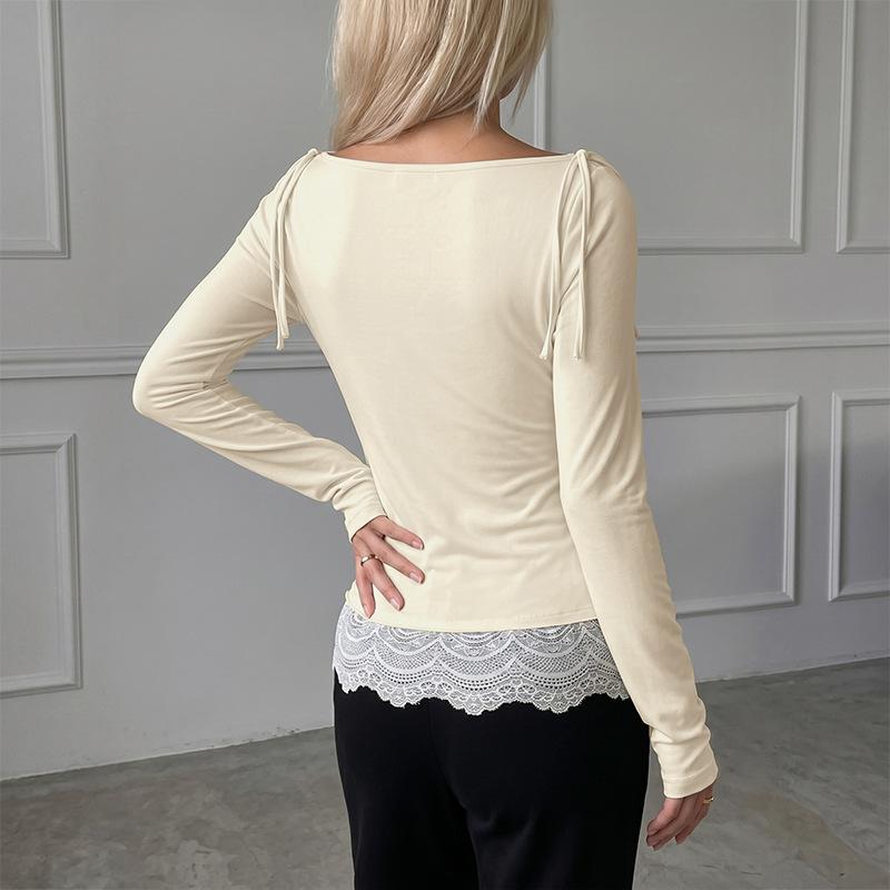 New Soft-colored Plain-neck Drawstring Lace Long-sleeved Top
