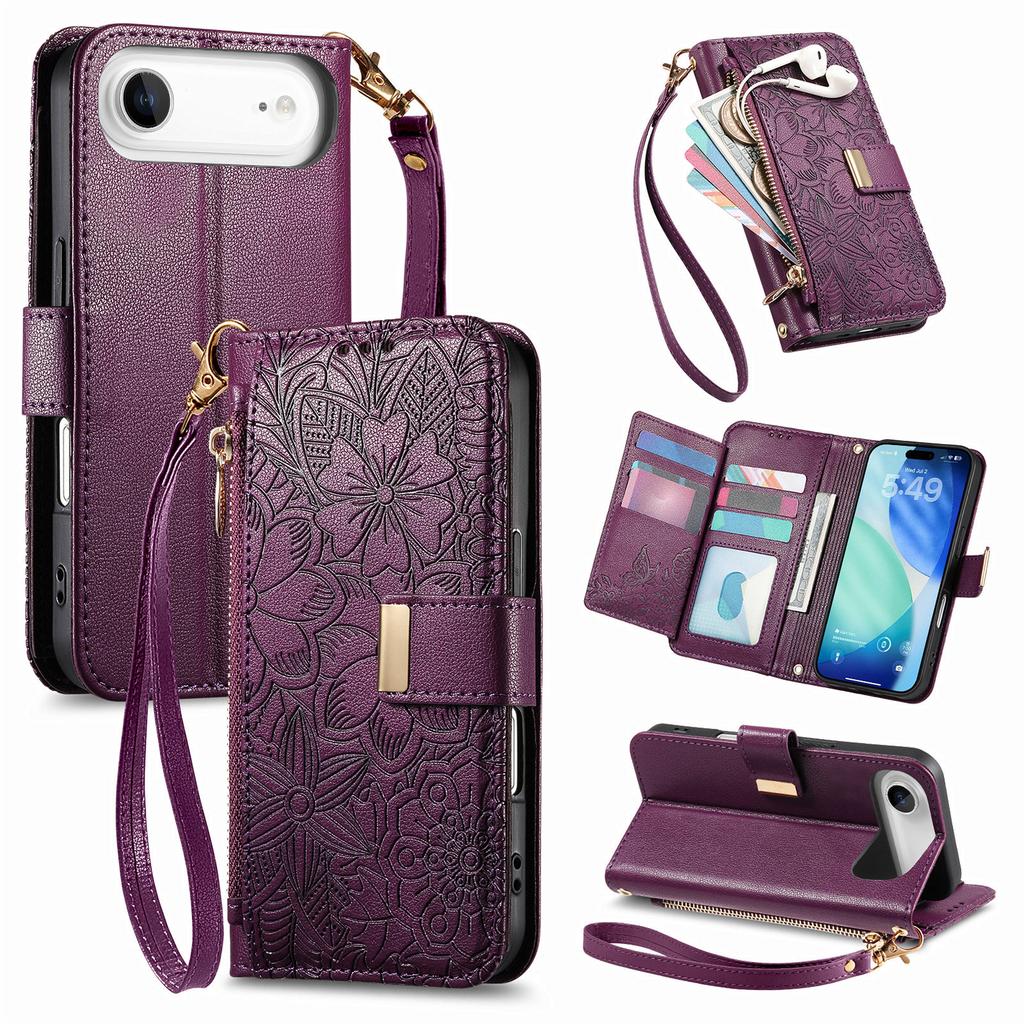 For iPhone Air Case Floral Leaf Pattern Multi Card Slots Zipper Leather Phone Cover with Wrist Strap